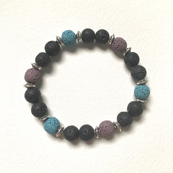 black lava bead bracelet with blue and purple - Picture 1 of 2